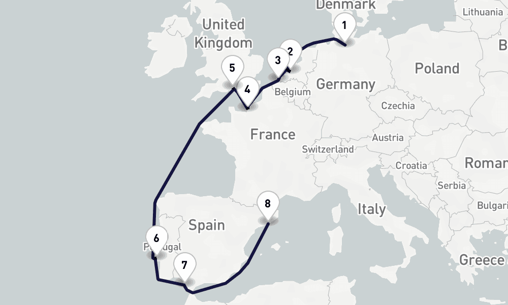 11 days, one-way from Hamburg to Barcelona 12日間