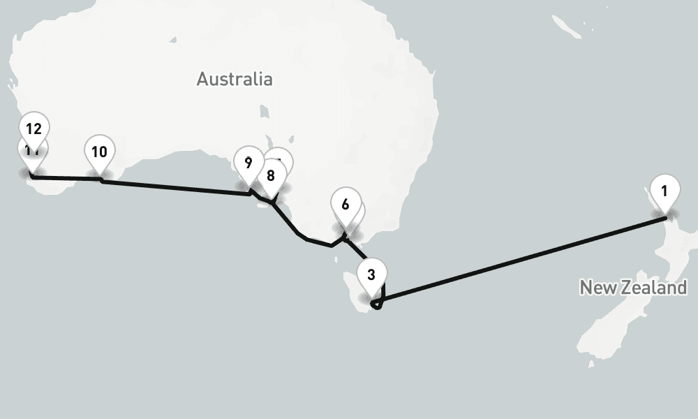 18 nights / 19 days, one-way from Auckland to Fremantle (Perth, Western Australia)