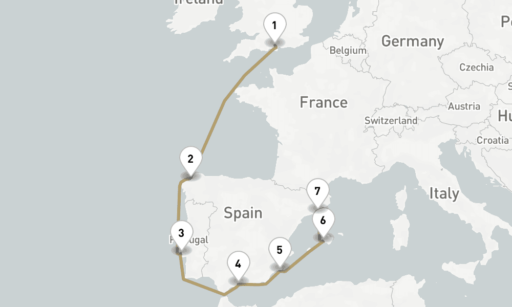 10 days, one-way from Southampton to Barcelona 11日間