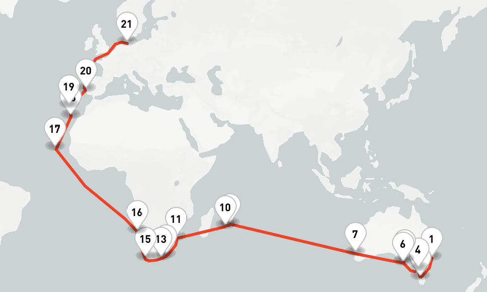 52 days, one-way from Sydney to Hamburg 53日間