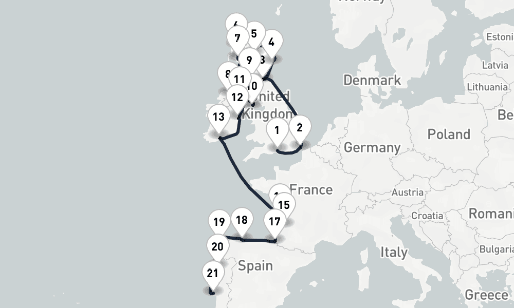 21 days, one-way from Southampton to Lisbon 22日間