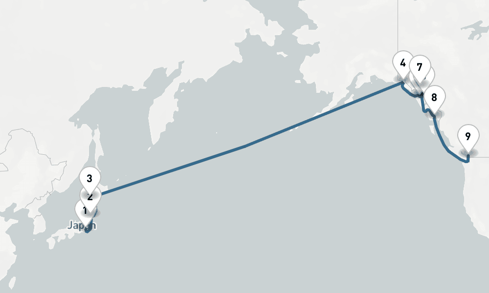 16 days, one-way from Yokohama to Vancouver 17日間