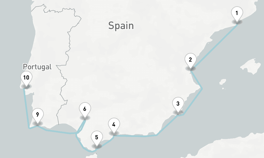 9 nights / 10 days, one-way from Barcelona to Lisbon
