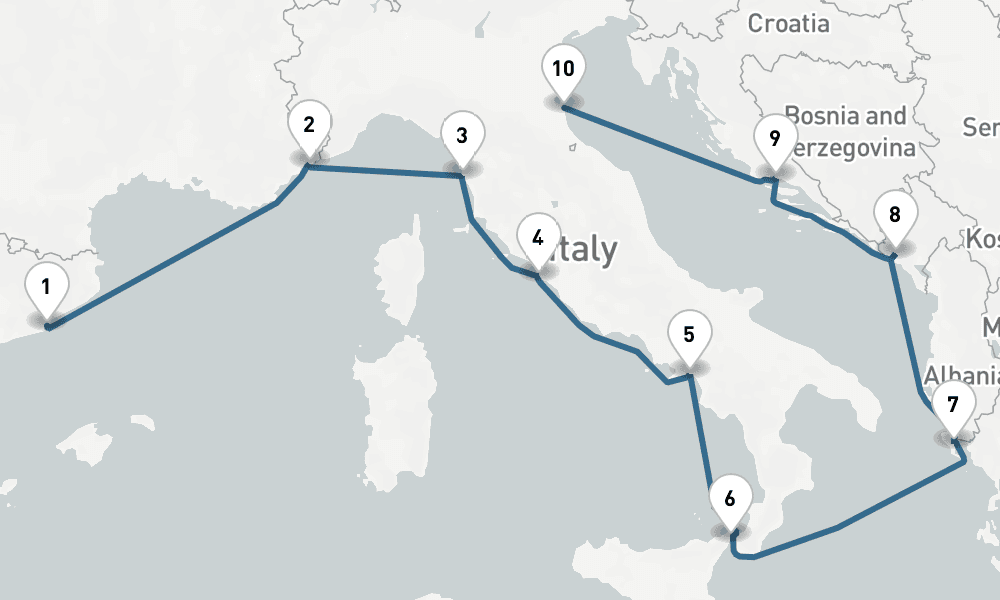 9 days, one-way from Barcelona to Ravenna 10日間