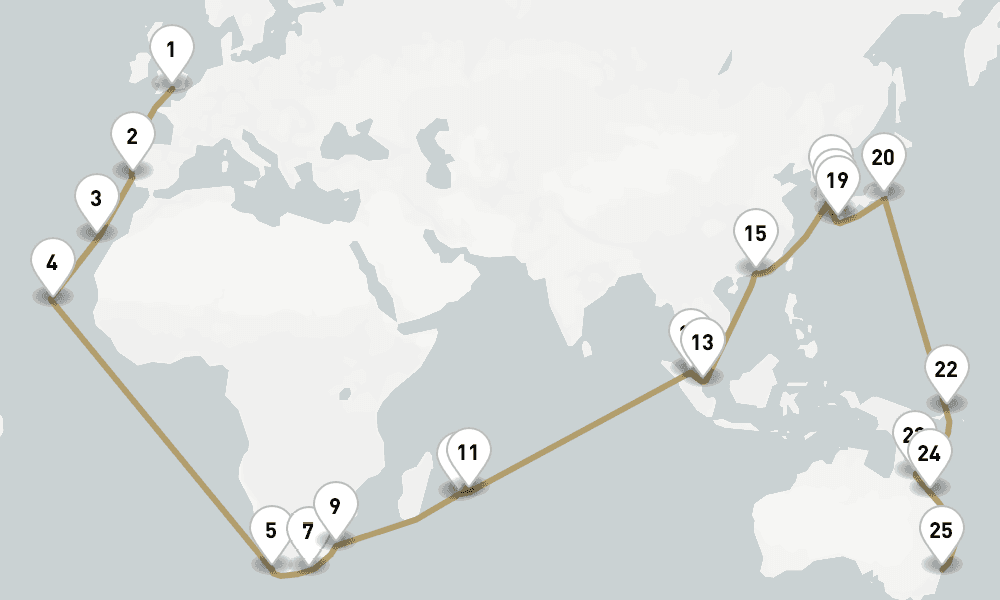 67 days, one-way from Southampton to Sydney 68日間