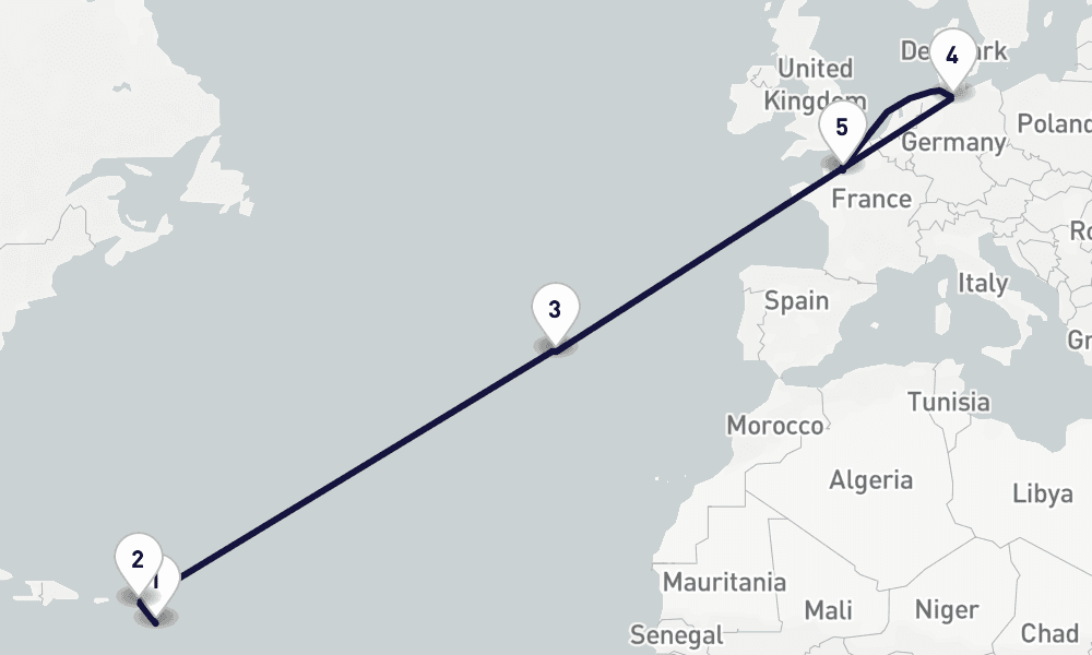 14 days, one-way from Pointe-a-Pitre to Le Havre-Paris 15日間