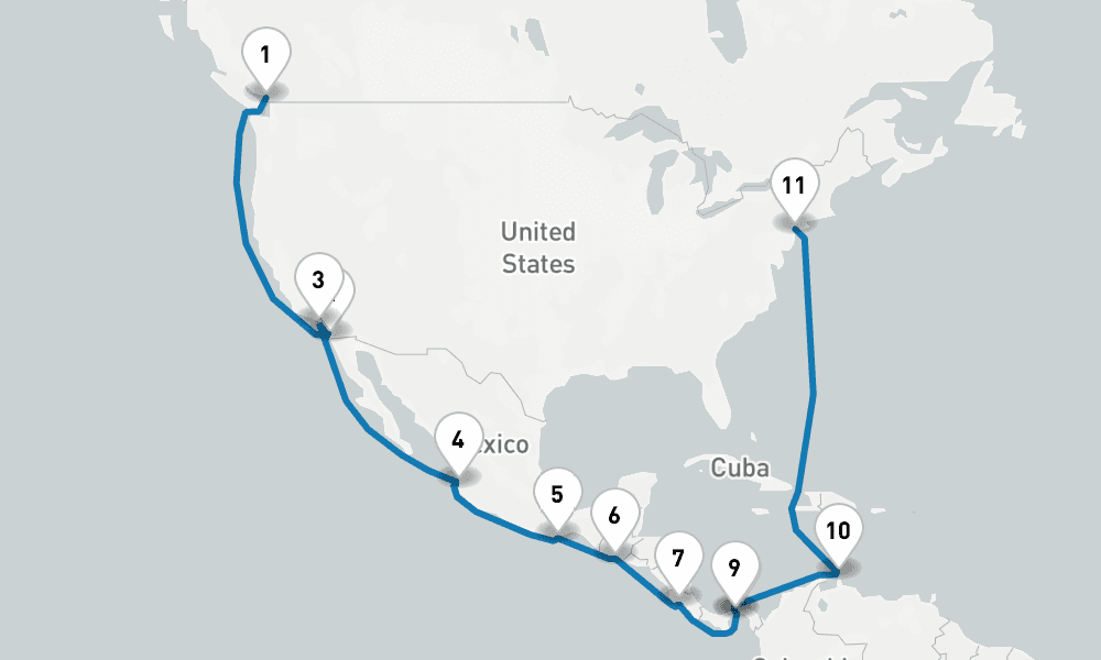 23 days, one-way from Vancouver to New York 24日間