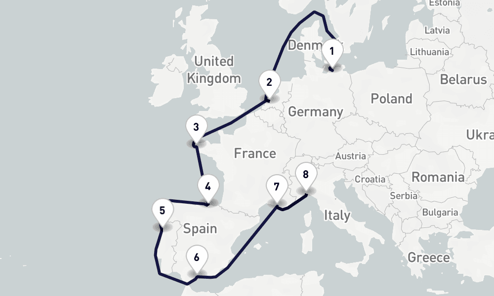 13 days, one-way from Warnemunde-Rostock to Marseille 14日間
