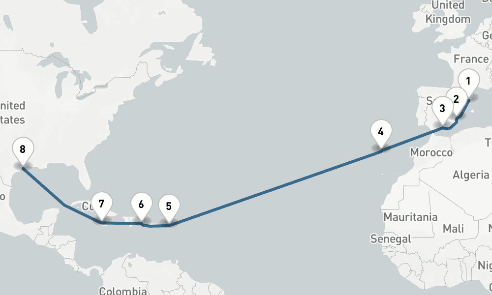 17 days, one-way from Barcelona to Galveston 18日間