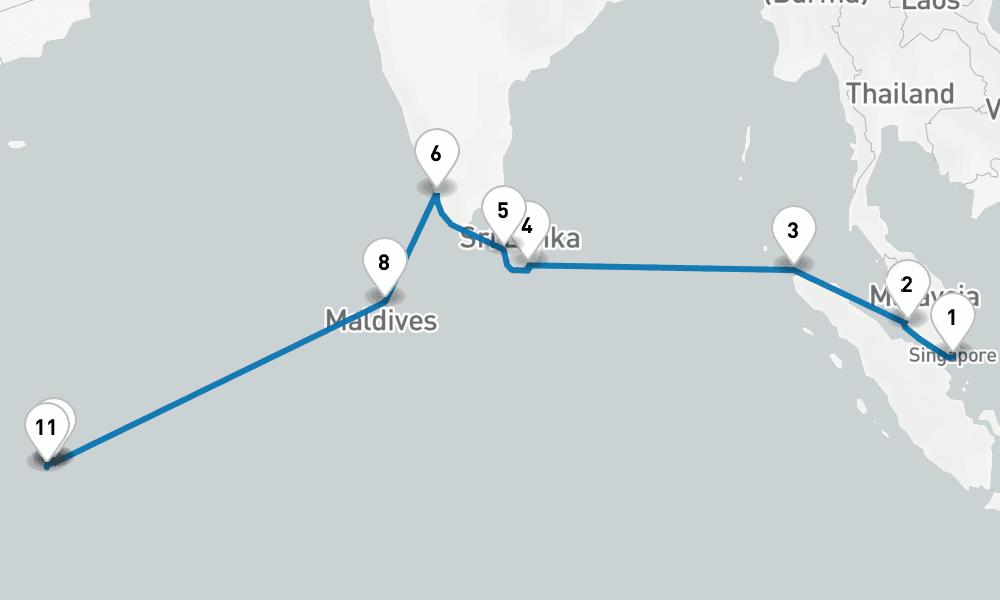 16 days, one-way from Singapore to Mahe Island Seychelles 17日間