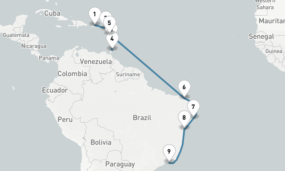 14 days, one-way from San Juan to Rio de Janeiro 15日間