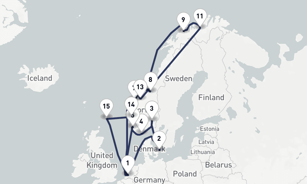 21 days, round-trip Norway Fjords Northern Lights 22日間