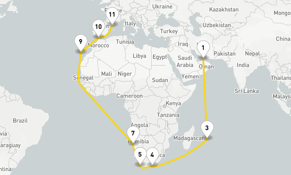 33 days, one-way from Dubai to Barcelona 34日間