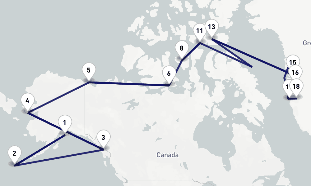 29 nights / 30 days, one-way from Seward (Alaska) to Kangerlussuaq (Greenland)