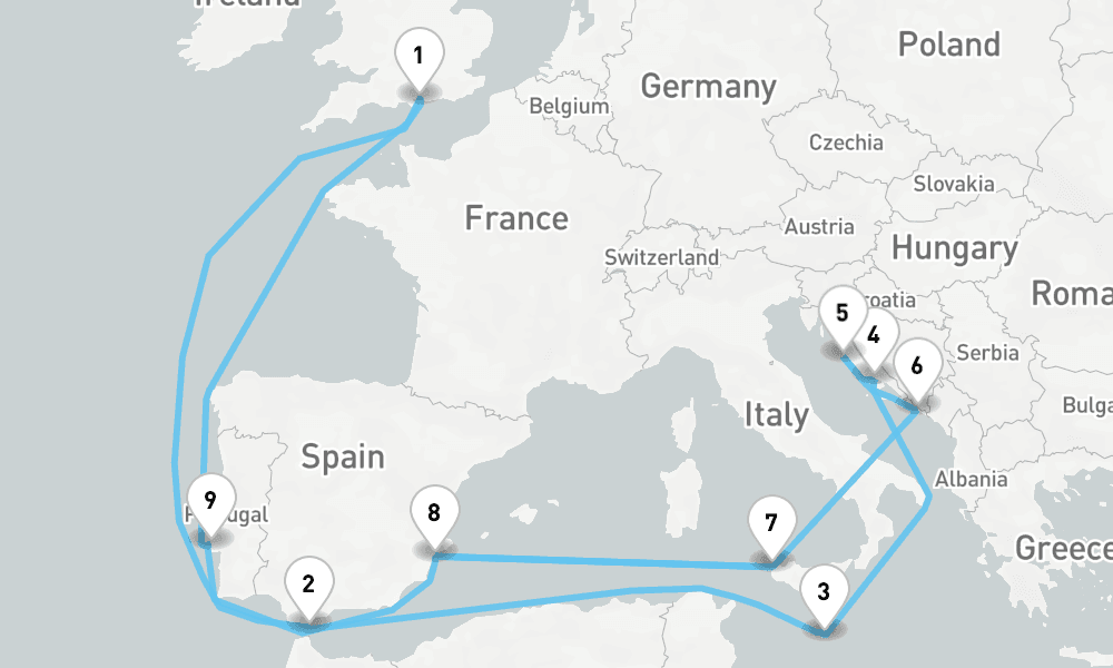 20 nights / 21 days, Portsmouth (England) Round trip