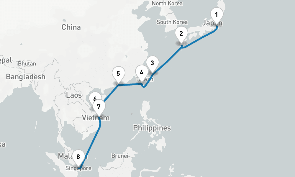 14 days, one-way from Tokyo to Singapore 15日間