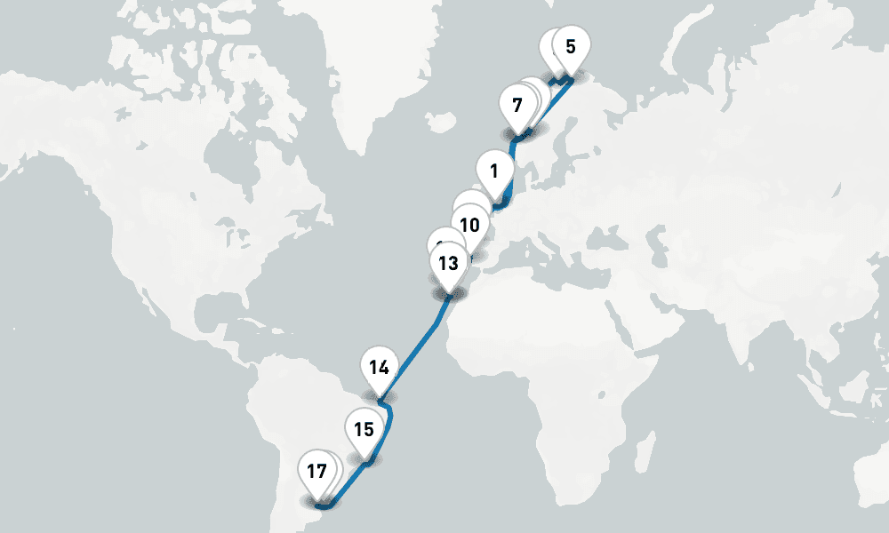 36 days, one-way from Southampton to Buenos Aires 37日間