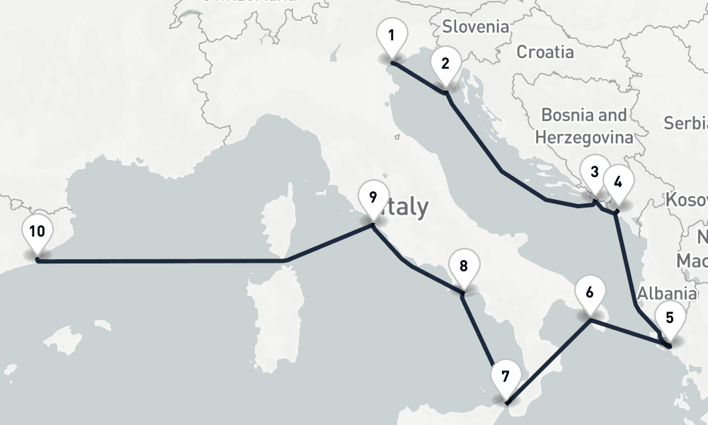 10 days, one-way from Venice to Barcelona 11日間