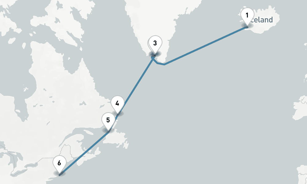 15 days, one-way from Reykjavik to Cape Liberty Bayonne 16日間