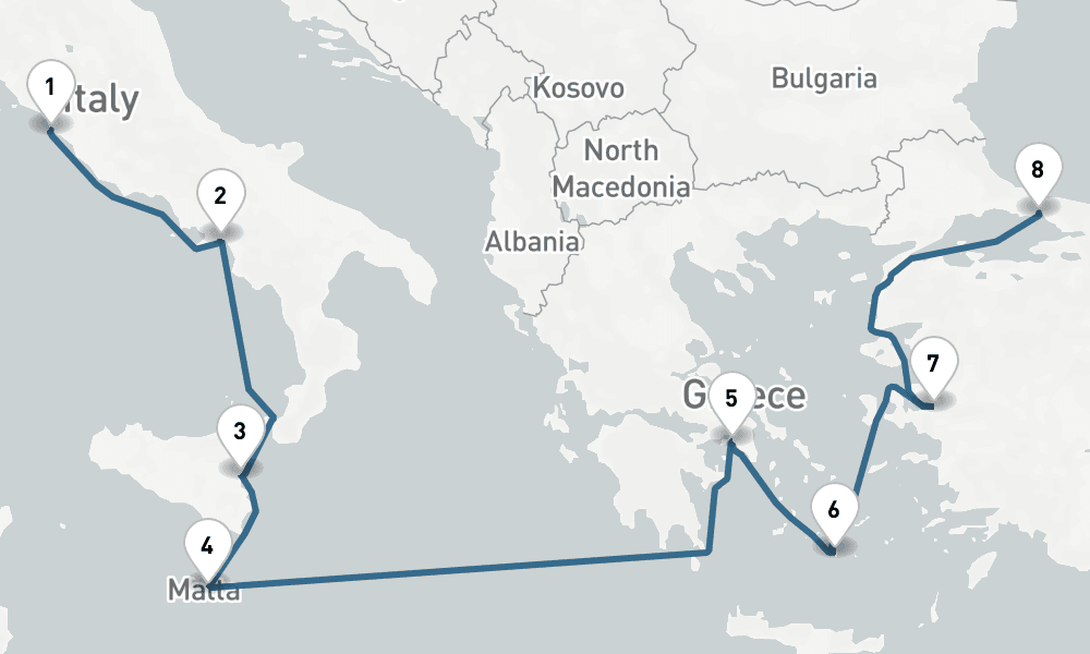 9 days, one-way from Civitavecchia-Rome to Istanbul 10日間