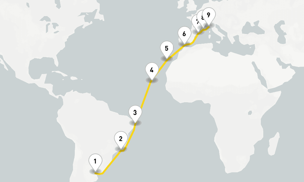 20 days, one-way from Buenos Aires to Savona 21日間