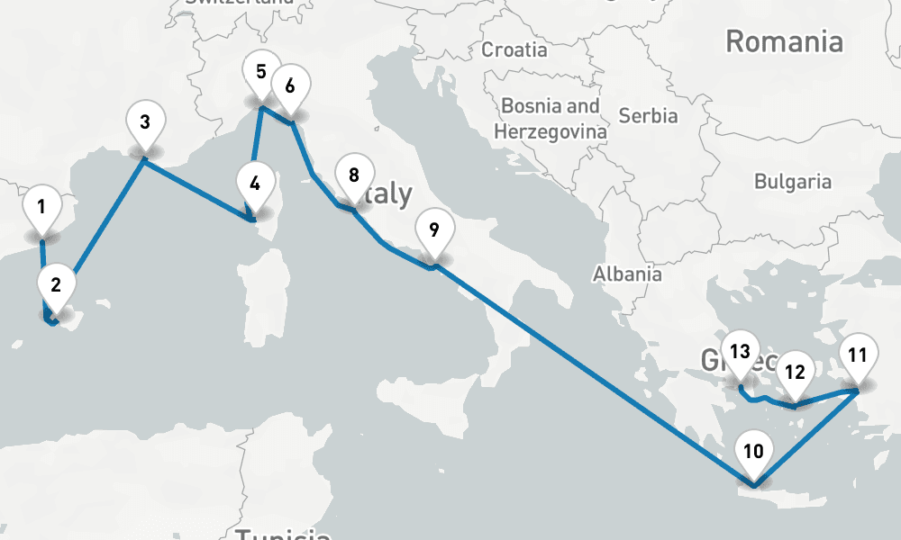 14 days, one-way from Barcelona to Piraeus-Athens 15日間