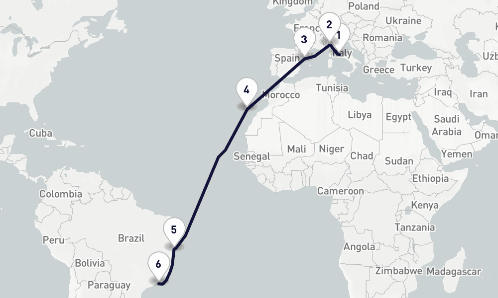 16 days, one-way from Civitavecchia-Rome to Rio de Janeiro 17日間