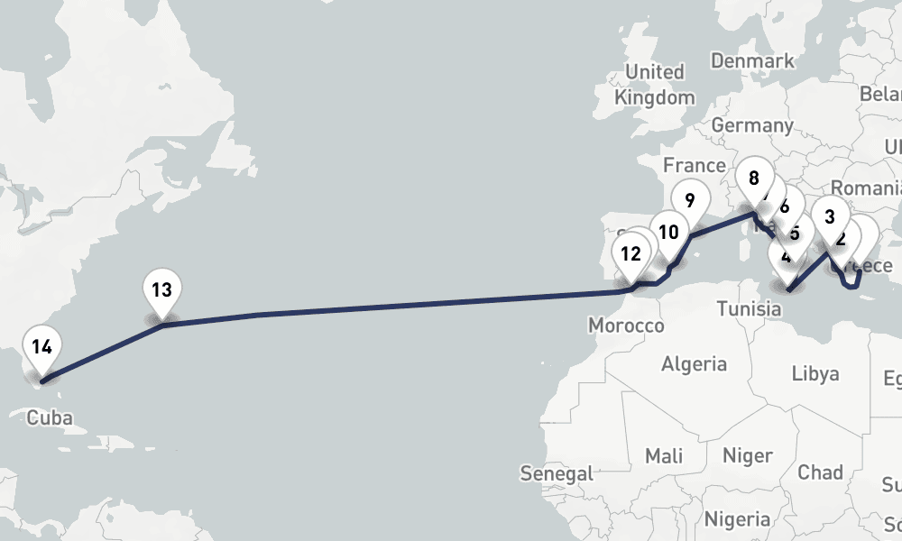24 days, one-way from Piraeus-Athens to Fort Lauderdale 25日間