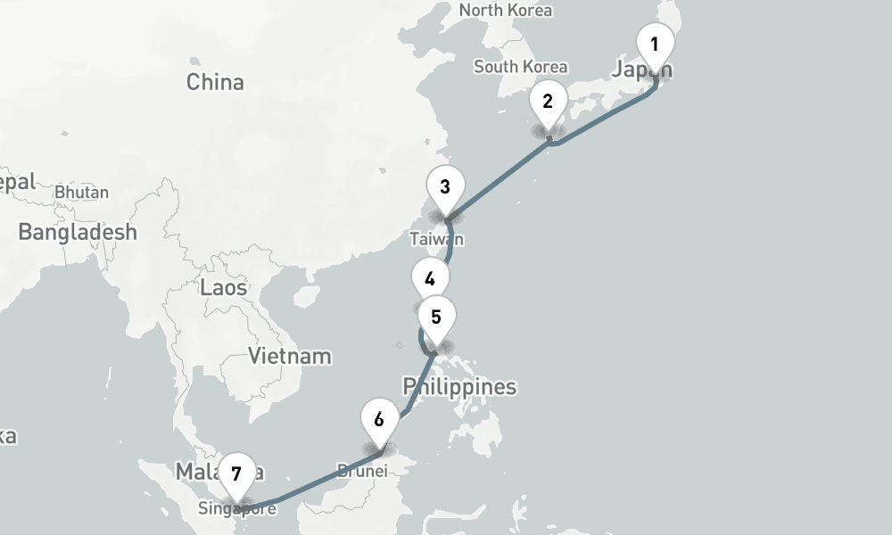 12 days, one-way from Tokyo to Singapore 13日間