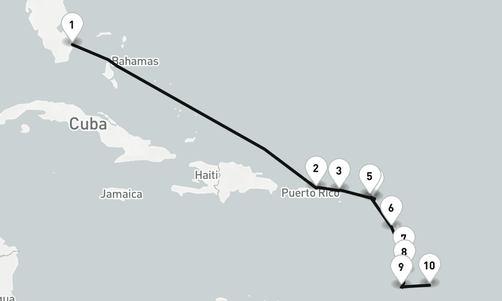 11 nights / 12 days, one-way from Fort Lauderdale (Everglades, Florida) to Bridgetown (Barbados)