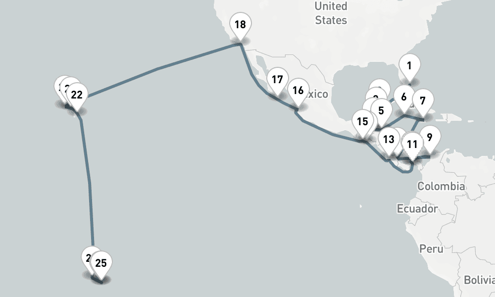 42 days, one-way from Miami to Papeete 43日間