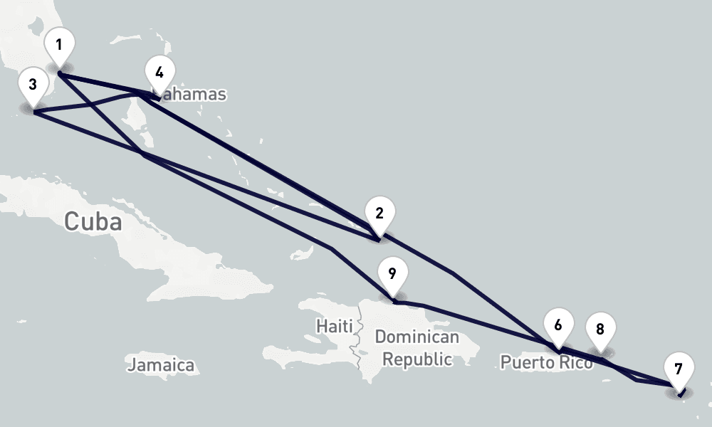14 days, round-trip Caribbean Bahamas 15日間