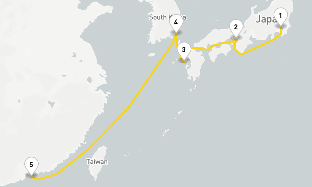 7 days, one-way from Tokyo to Hong Kong 8日間