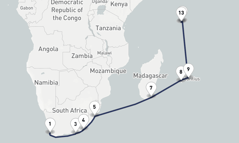 18 days, one-way from Cape Town to Mahe Island Seychelles 19日間