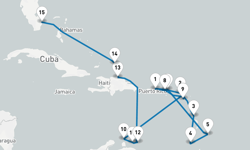 18 days, one-way from San Juan to Fort Lauderdale 19日間