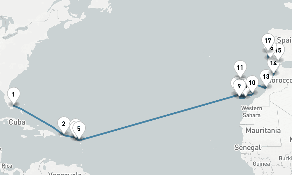 24 days, one-way from Fort Lauderdale to Lisbon 25日間