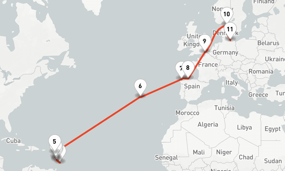20 days, one-way from Bridgetown to Warnemunde-Rostock 21日間