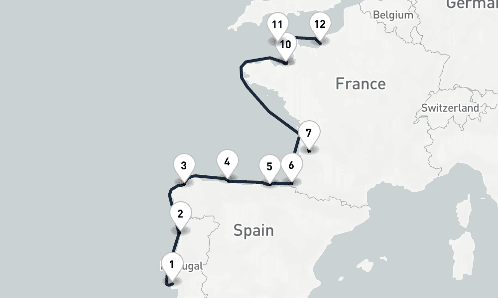 12 days, one-way from Lisbon to Le Havre-Paris 13日間