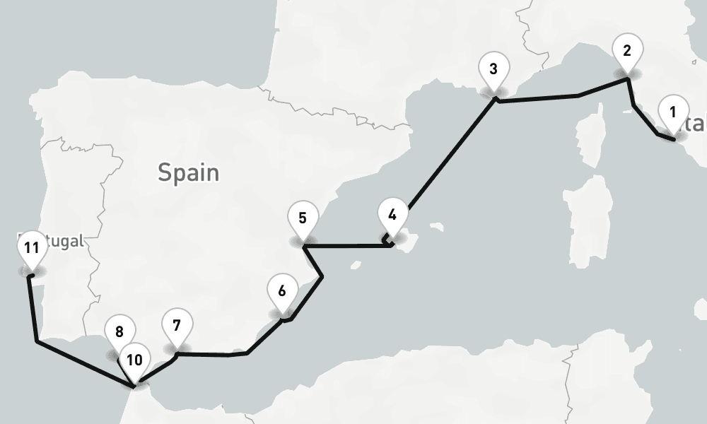 12 days, one-way from Civitavecchia-Rome to Lisbon 13日間