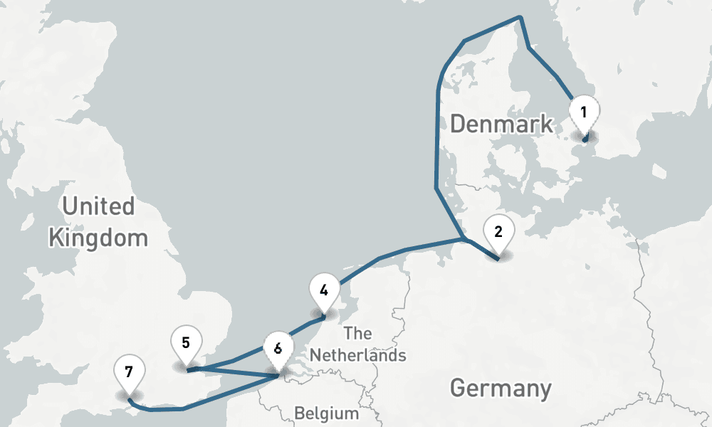 7 days, one-way from Copenhagen to Southampton 8日間