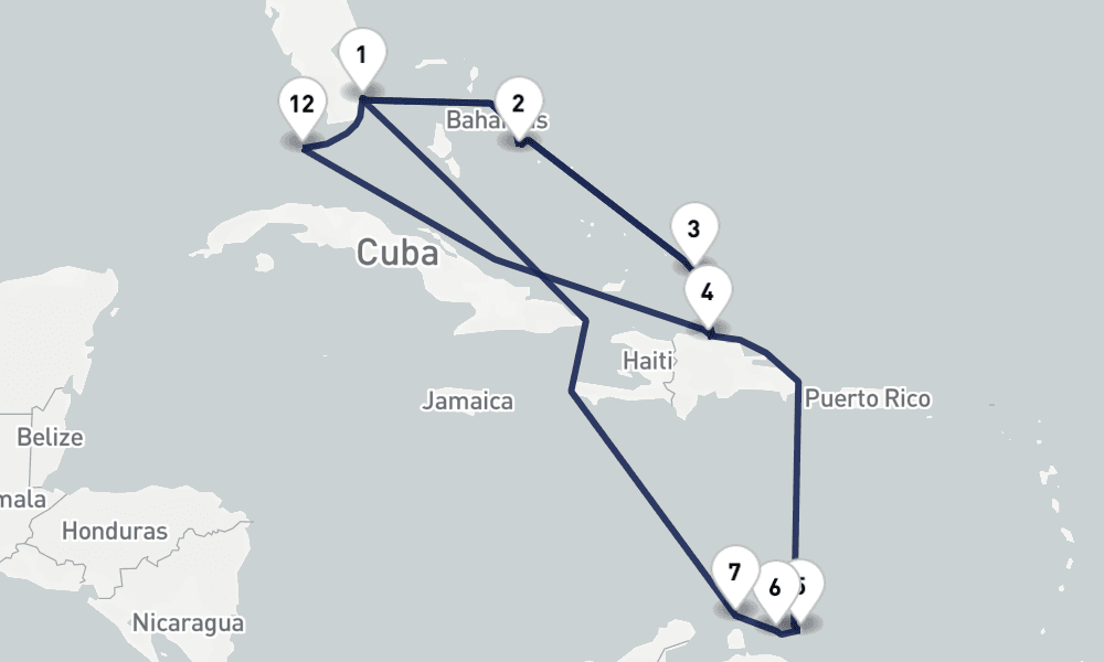 17 days, round-trip Southern Eastern Caribbean Abc Islands Bahamas 18日間