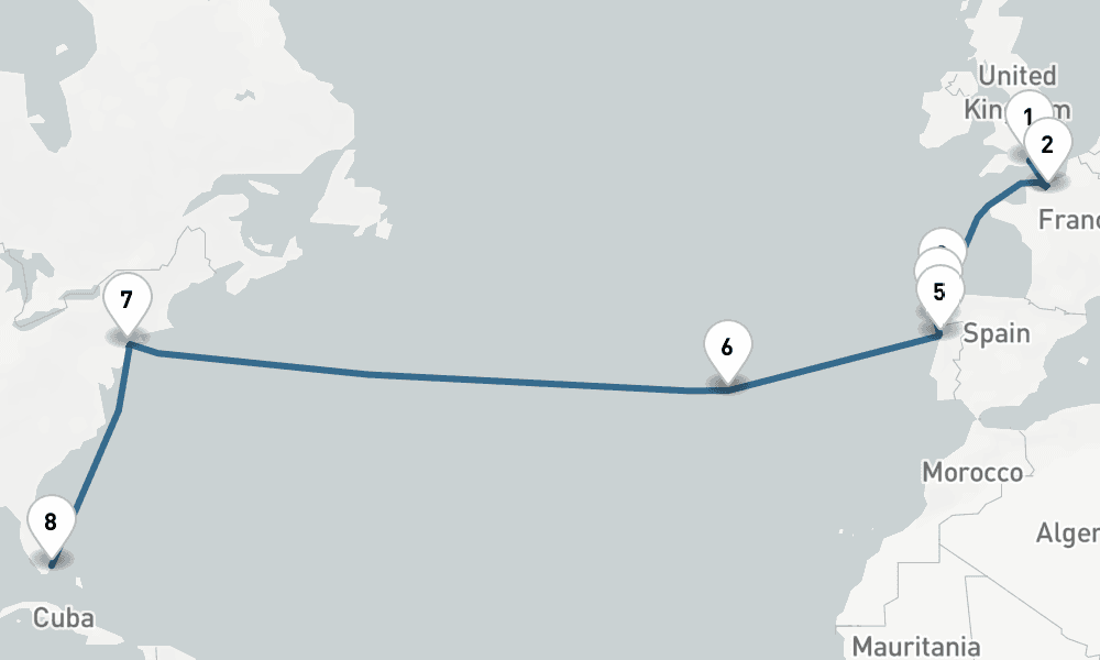 17 days, one-way from Southampton to Miami 18日間