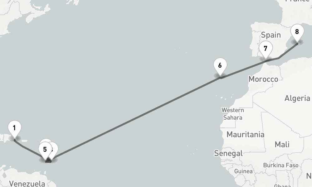 17 days, one-way from La Romana to Palma de Mallorca 18日間