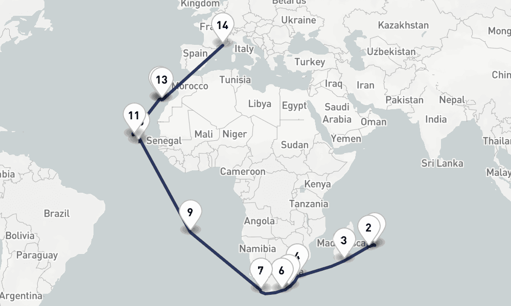 31 days, one-way from Port Louis to Marseille 32日間