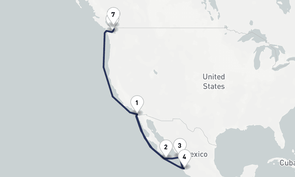 11 days, one-way from San Diego to Vancouver 12日間