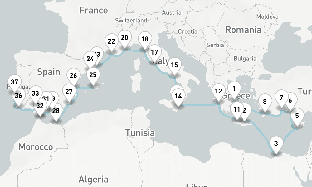 39 days, one-way from Piraeus-Athens to Lisbon 40日間