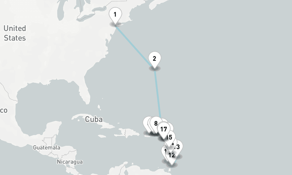 24 days, one-way from New York to San Juan 25日間