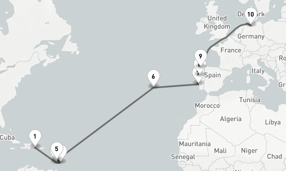 20 days, one-way from La Romana to Hamburg 21日間