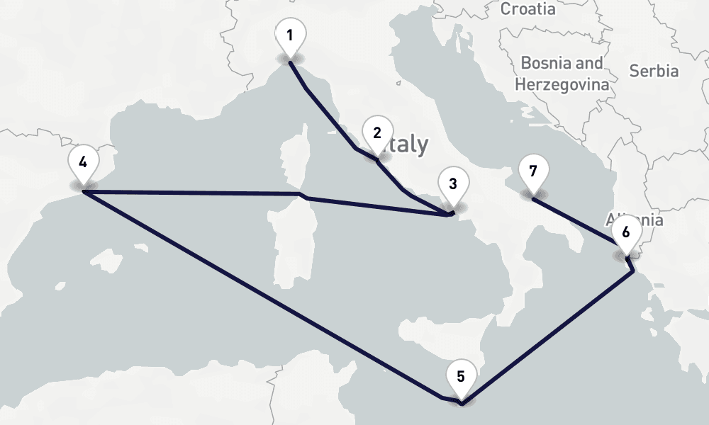 9 days, one-way from Genoa to Bari 10日間