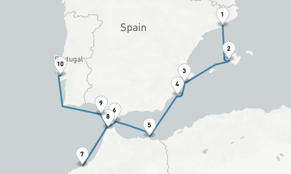 10 days, one-way from Barcelona to Lisbon 11日間